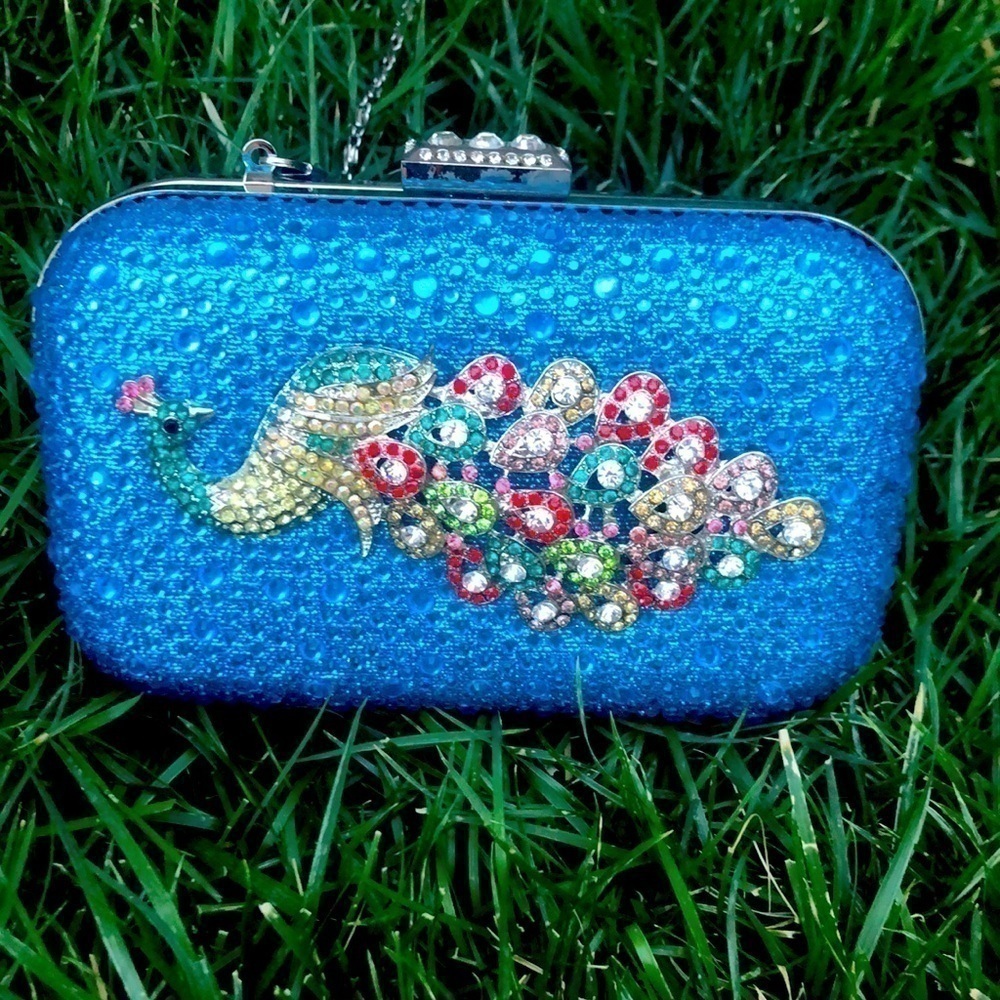 𝅺rhinestone peacock hard case clutch hand bag , bridal.weddings.
